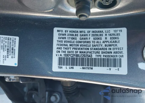 2020 Honda Civic Sport из США, поврежденный, VIN 19XFC2F88LE202543